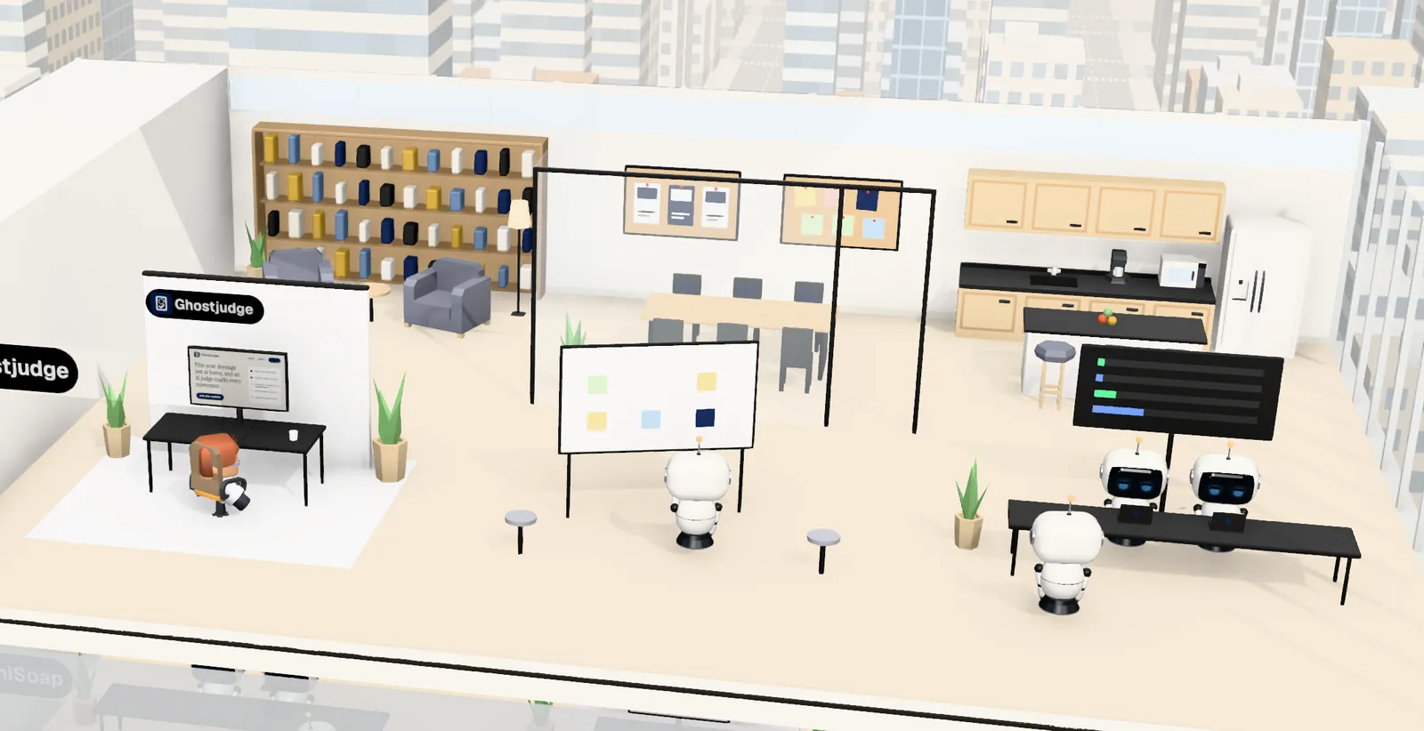 Ghostjudge’s office on floor 22 of Tower 1: the owner’s desk with the website on screen, the agents’ bench, a meeting room and a library